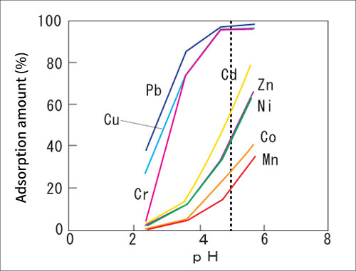 図２．5×10-4mol/Lの重金属のフミン酸への吸着量のpH依存性