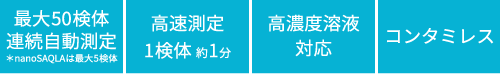 最大50検体連続自動測定、高速測定1検体約1分、高濃度溶液対応、コンタミレス
