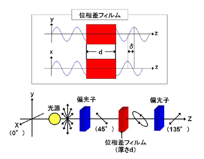 太陽光やランプの光などの自然光は様々な方向に振動している。様々な方向に振動している光から、ある特定の方向に振動している光のみを取り出す事のできる光学素子を偏光子と呼ぶ。偏光子を利用する事により、位相差フィルムのリタデーションを計測する事ができる