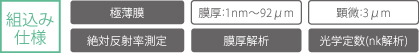 組込み仕様：極薄膜、膜厚1nm-92μm、顕微3μm、絶対反射率測定、膜厚解析、光学定数（nk解析）